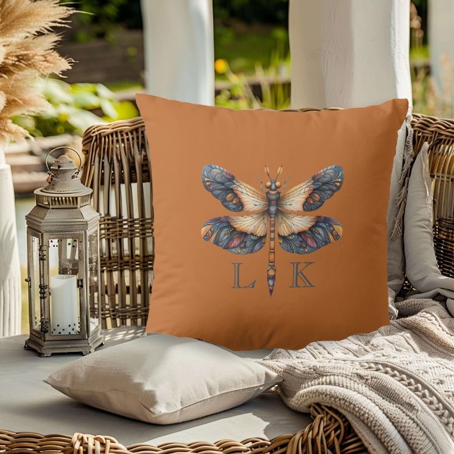 Monogram Folk Art Dragonfly Orange Purple Blue Throw Pillow (Creator Uploaded)