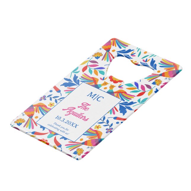 Monogram Folk Art Floral Fiesta Wedding Favor  Credit Card Bottle Opener (Front Angled)