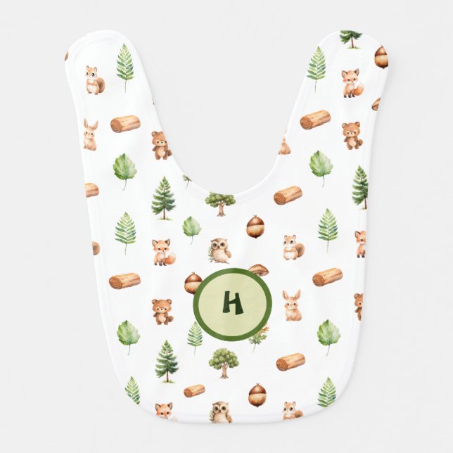 Monogram Forest Animals Pattern Baby Bib (Front)