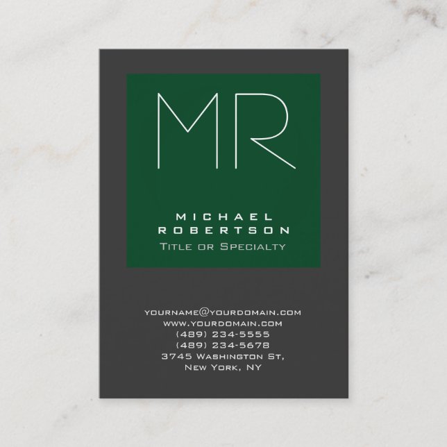 Monogram Forest Green Gray Chubby Business Card (Front)