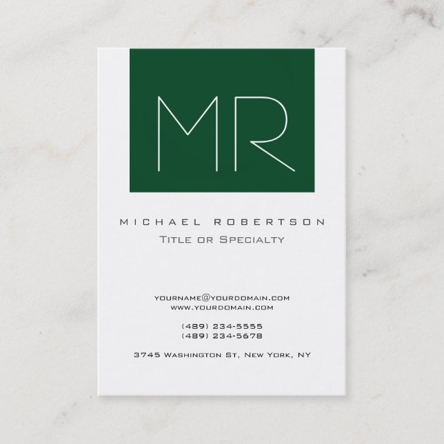 Monogram Forest Green Stripe White Business Card (Front)