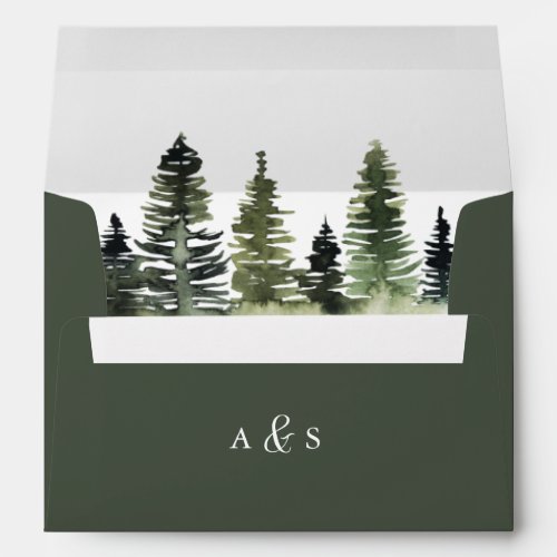 Monogram Forest Green Watercolor Pine Tree Envelope