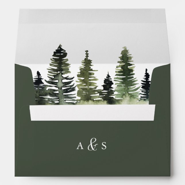Monogram Forest Green Watercolor Pine Tree Envelope (Back (Bottom))