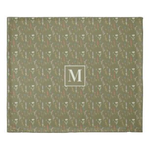 Monogram Forest Green Watercolor Wildflower Garden Duvet Cover