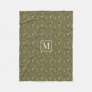 Monogram Forest Green Watercolor Wildflower Garden Fleece Blanket
