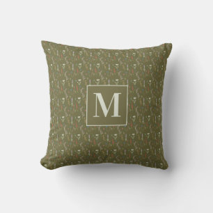 Monogram Forest Green Watercolor Wildflower Garden Throw Pillow