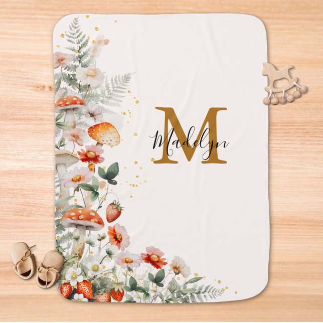 Monogram Forest Mushrooms Flowers Floral botanical Baby Blanket (In situ)