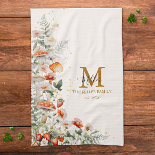 Monogram Forest Mushrooms Flowers Floral botanical Kitchen Towel