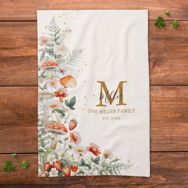 Monogram Forest Mushrooms Flowers Floral botanical Kitchen Towel (In situ)