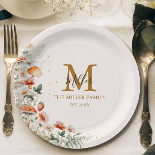 Monogram Forest Mushrooms Flowers Floral botanical Paper Plates