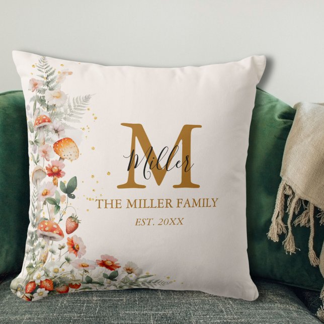 Monogram Forest Mushrooms Flowers Floral botanical Throw Pillow (In situ)