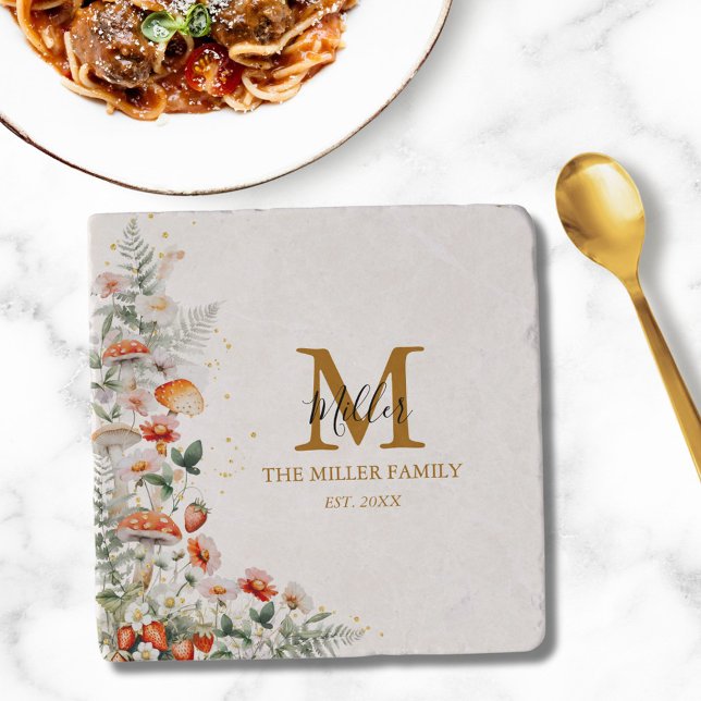 Monogram Forest Mushrooms Flowers Floral botanical Trivet (In situ)