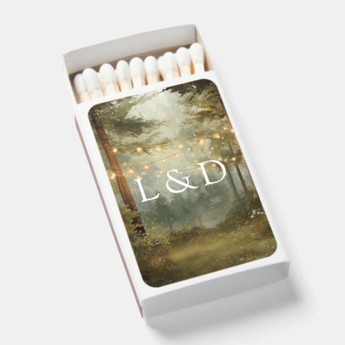 Monogram Forest String Lights Wedding Favor Matchboxes