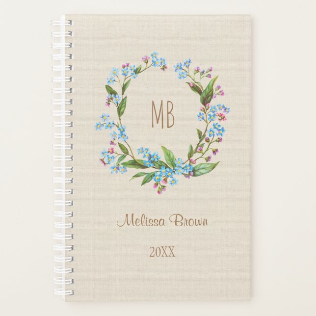 Monogram Forget-Me-Not Wreath Blue Beige Rustic Planner (Front)