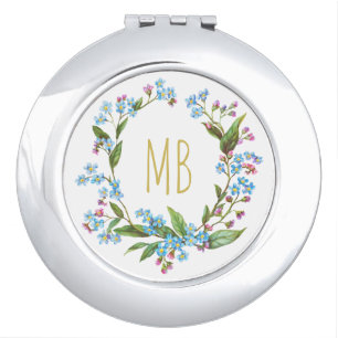 Monogram Forget-Me-Not Wreath Blue Flowers Cute Compact Mirror