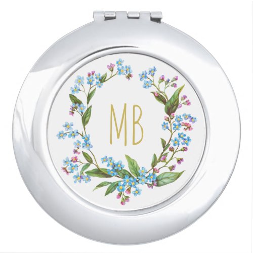 Monogram Forget_Me_Not Wreath Blue Flowers Cute Compact Mirror