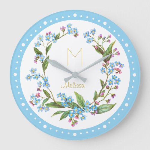 Monogram Forget_Me_Not Wreath Blue White Cute Large Clock