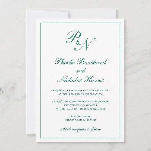 Monogram Formal All In One Emerald Green Wedding Invitation