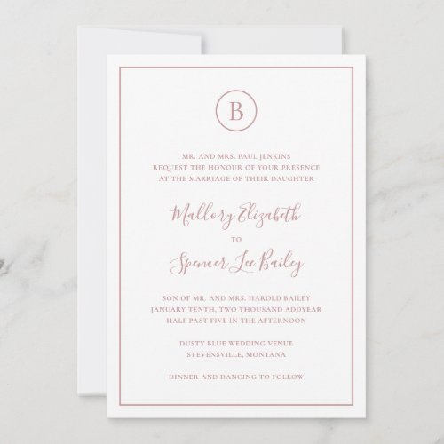 Monogram Formal Dusty Rose All In One Wedding Invitation