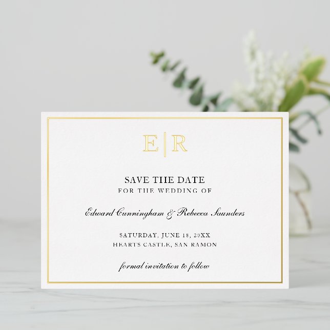 Monogram Formal Wedding Save The Date Gold Foil Invitation (Standing Front)