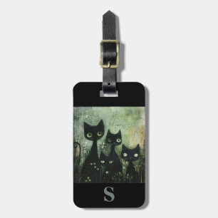 Monogram Four Black Cats with Daisies on Gray Luggage Tag