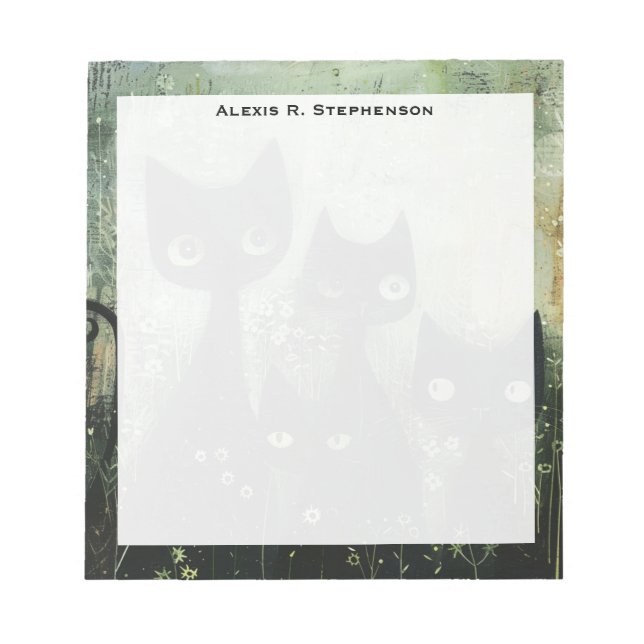 Monogram Four Black Cats with Daisies on Gray Notepad (Front)