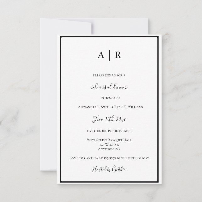 Monogram frame rehearsal dinner invitations (Front)