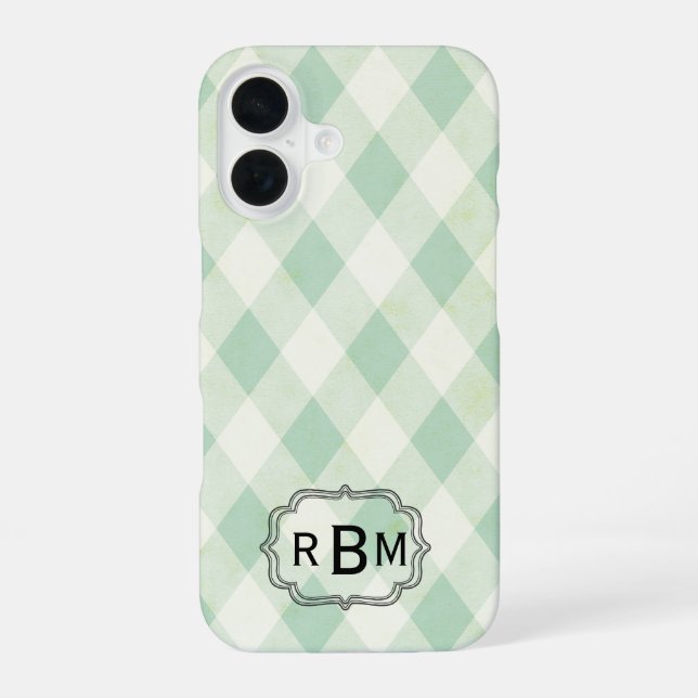 Monogram Framed on Green and White Gingham Pattern Iphone Case (Back)