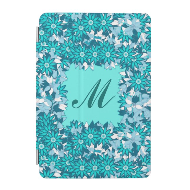 Monogram framed with flowers - blue and white iPad mini cover (Front)