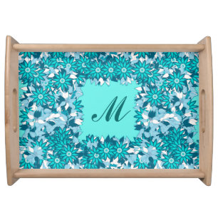 Monogram framed with flowers - blue and white serving tray