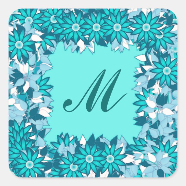 Monogram framed with flowers - blue and white square sticker (Front)
