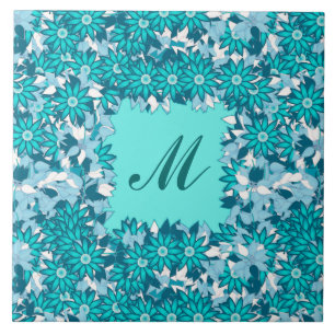 Monogram framed with flowers - blue and white tile
