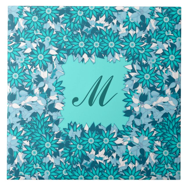 Monogram framed with flowers - blue and white tile (Front)