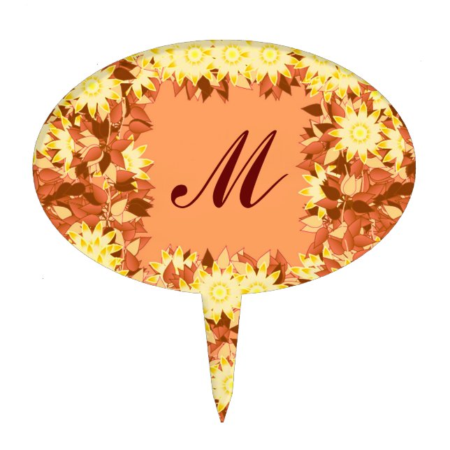 Monogram framed with flowers - cocoa & yellow cake topper (Front)