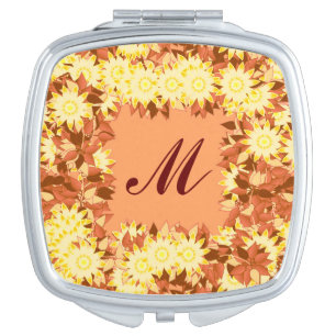 Monogram framed with flowers - cocoa & yellow compact mirror