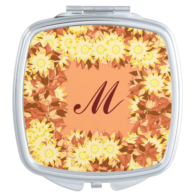 Monogram framed with flowers - cocoa & yellow compact mirror (Front)