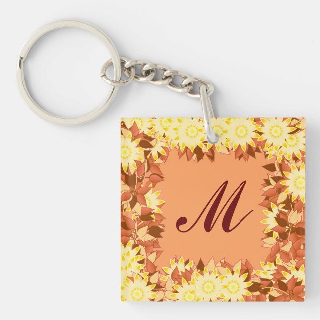 Monogram framed with flowers - cocoa & yellow keychain (Front)