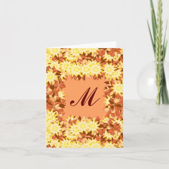 Monogram framed with flowers - cocoa & yellow note card (Front)