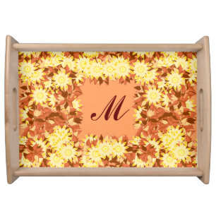 Monogram framed with flowers - cocoa & yellow serving tray