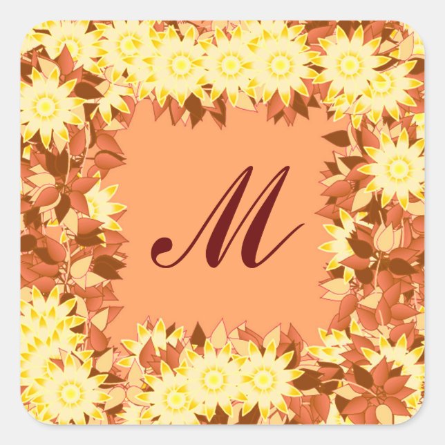 Monogram framed with flowers - cocoa & yellow square sticker (Front)