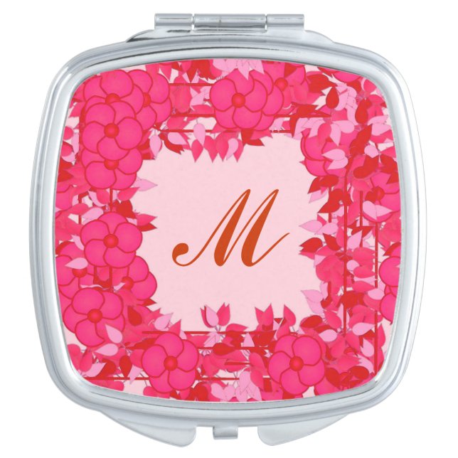 Monogram framed with flowers - fuchsia and pink compact mirror (Front)