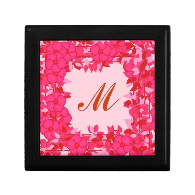Monogram framed with flowers - fuchsia and pink jewelry box (Front)