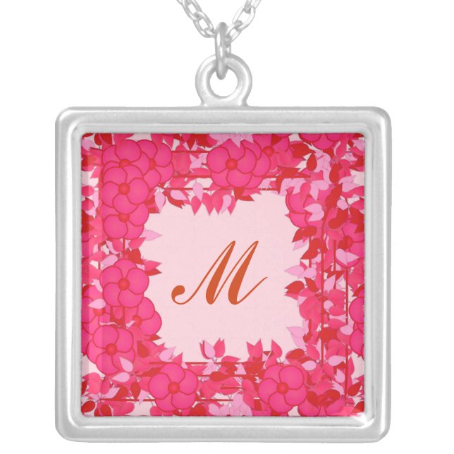 Monogram framed with flowers - fuchsia and pink silver plated necklace (Front)