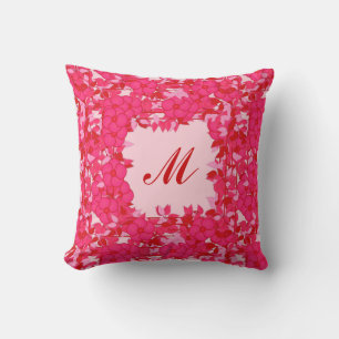 Monogram framed with flowers - fuchsia and pink throw pillow