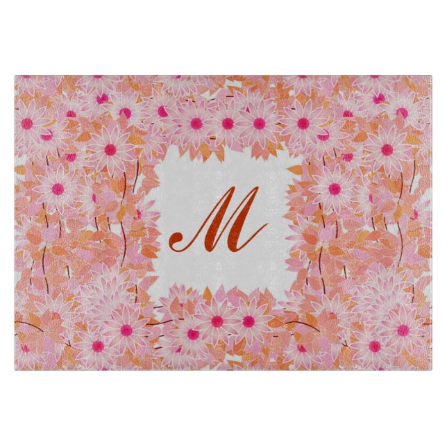 Monogram framed with flowers - pink and peach cutting board (Front)