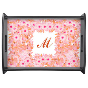 Monogram framed with flowers - pink and peach serving tray