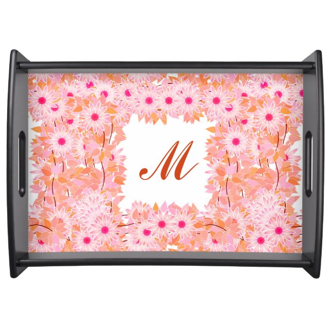 Monogram framed with flowers - pink and peach serving tray (Front)