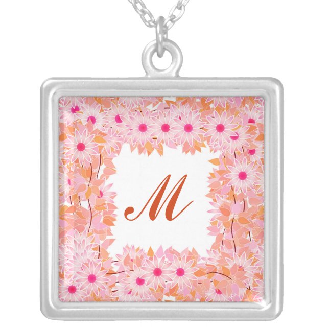 Monogram framed with flowers - pink and peach silver plated necklace (Front)
