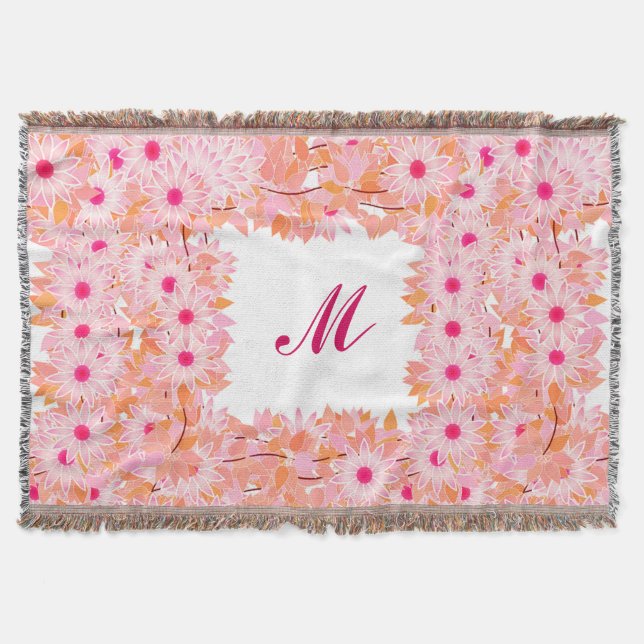 Monogram framed with flowers - pink and peach throw blanket (Front)