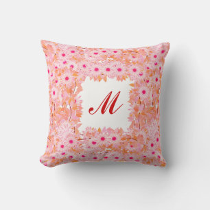 Monogram framed with flowers - pink and peach throw pillow